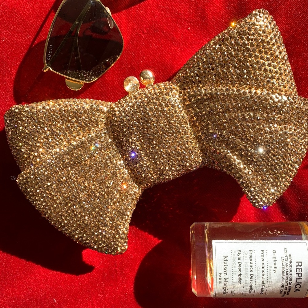 New Gold Rhinestone Bow Minaudiére Clutch Evening Bag